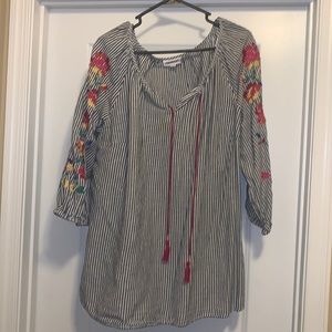 2X striped longer blouse. Embroidered detail sleeves